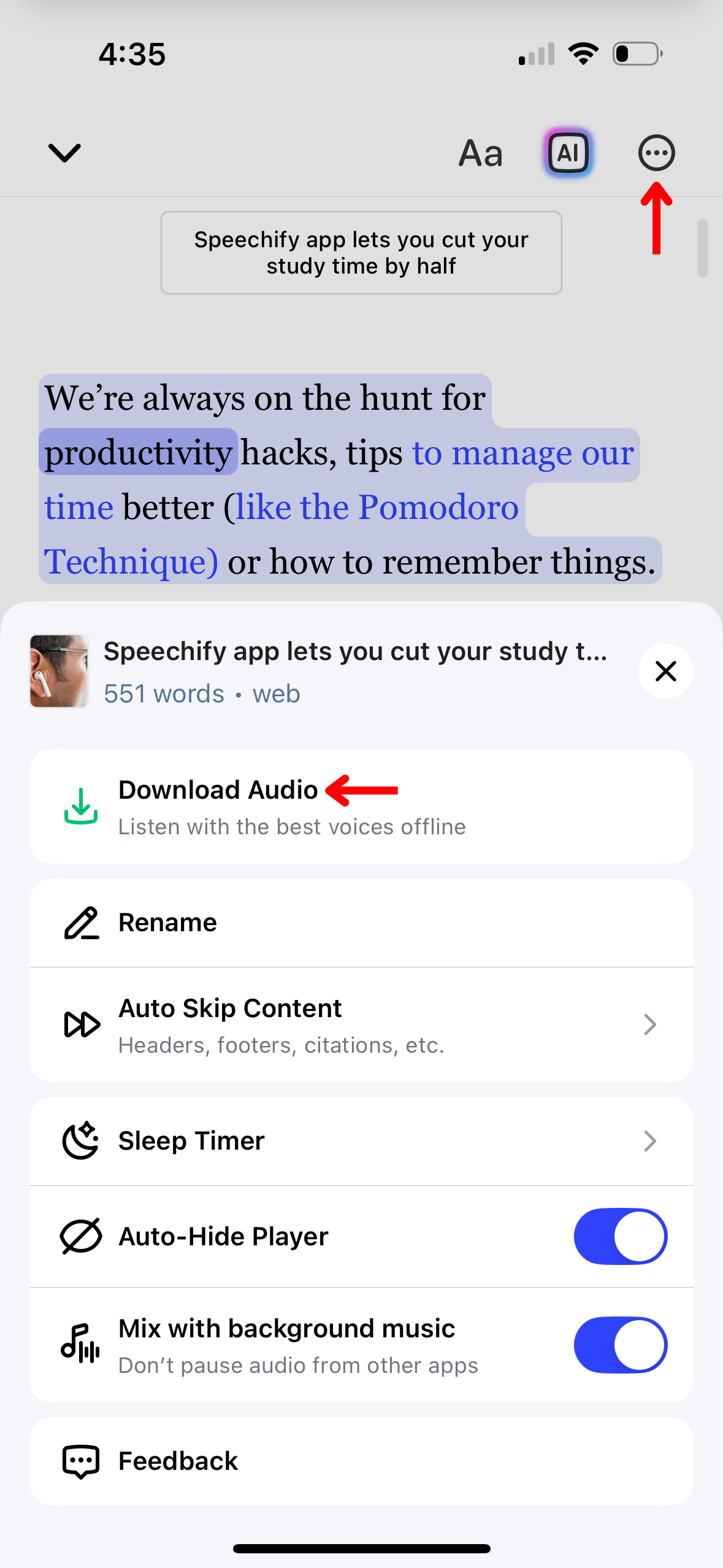 How to use offline listening on Speechify ios App
